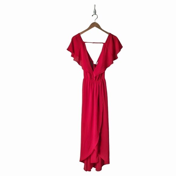 Romeo & Juliette Red Maxi Dress – Deep V, Open Back, Flutter Sleeves – S‎ - Picture 2 of 10